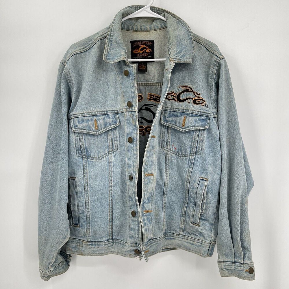 Orange County Choppers Medium Denim Jacket‎ Mens Light Wash Embroidered Biker